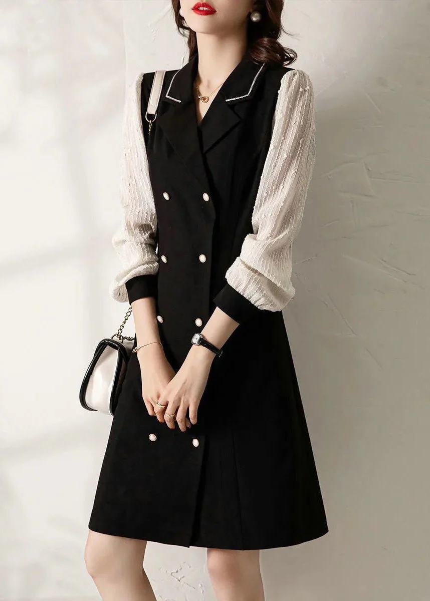 Classy Black V Neck Double Breast Patchwork Spandex Dress Fall - Image 3