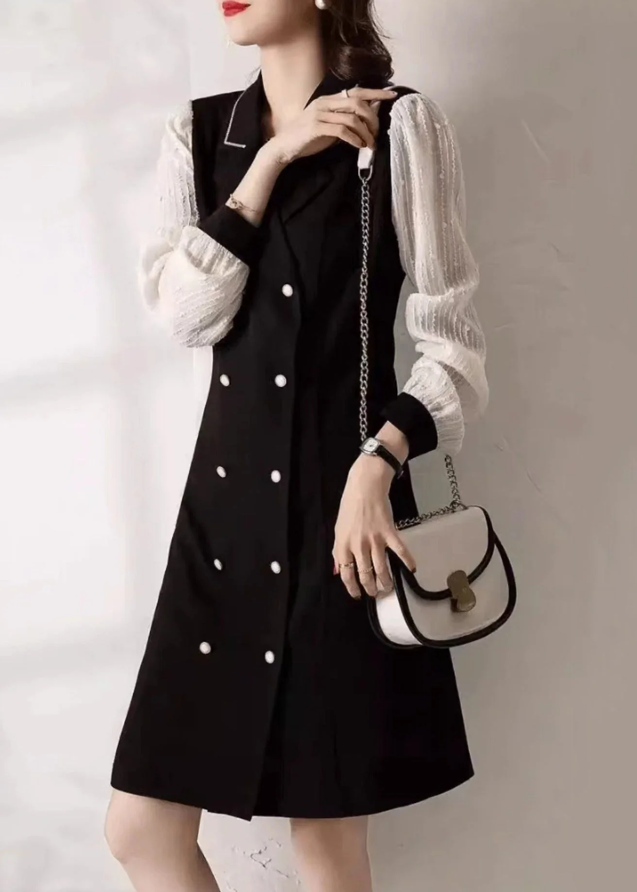 Classy Black V Neck Double Breast Patchwork Spandex Dress Fall - Image 4