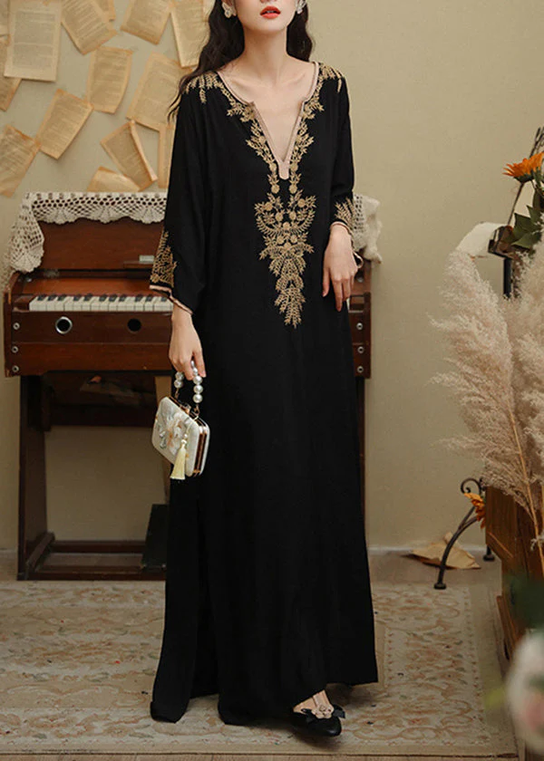 Classy Black V Neck Embroideried Patchwork Cotton Ankle Dress Fall - Image 2
