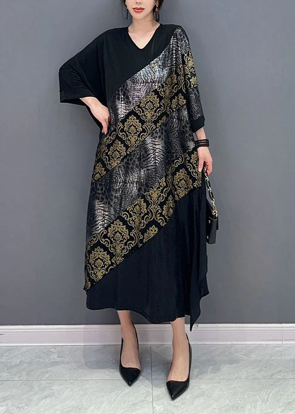 Classy Black V Neck Patchwork Ruffles Long Dresses Bracelet Sleeve - Image 2
