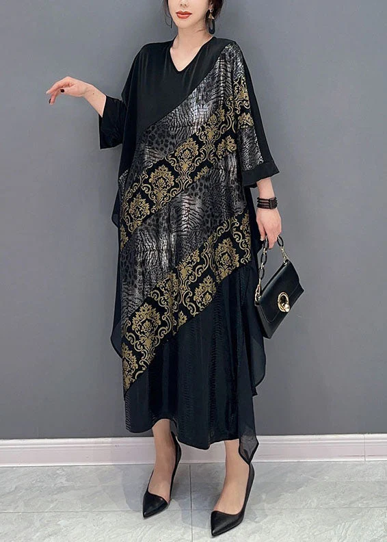 Classy Black V Neck Patchwork Ruffles Long Dresses Bracelet Sleeve - Image 3