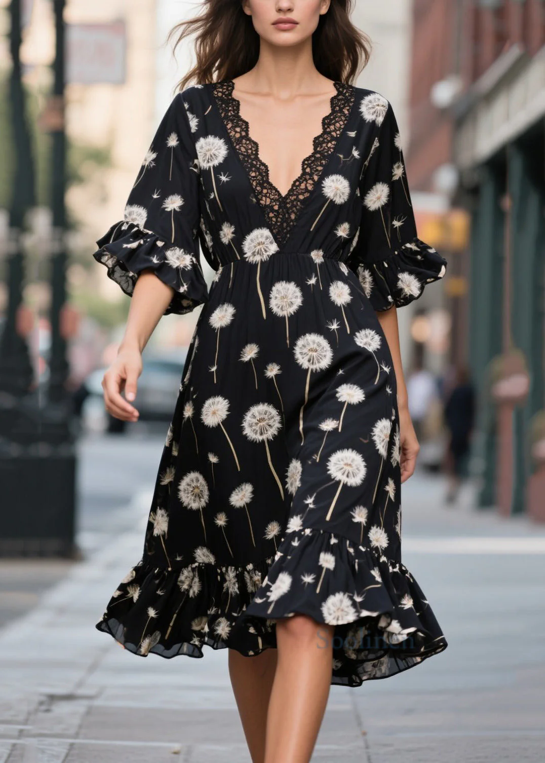 Classy Black V Neck Print Chiffon Day Dress Summer