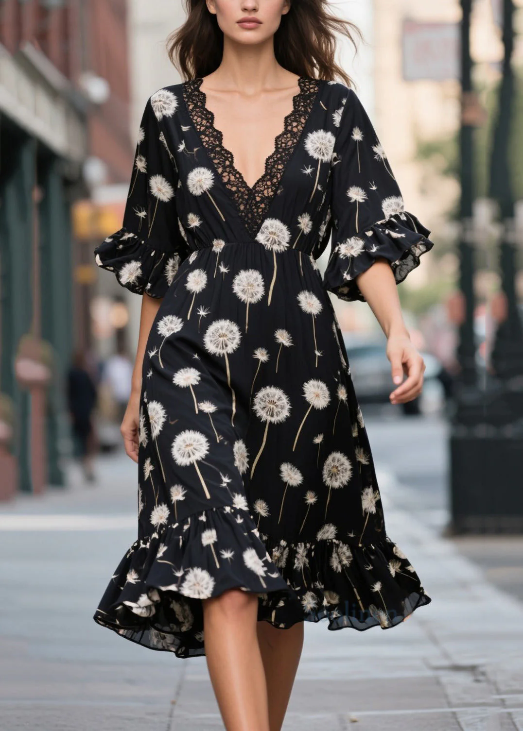 Classy Black V Neck Print Chiffon Day Dress Summer - Image 3