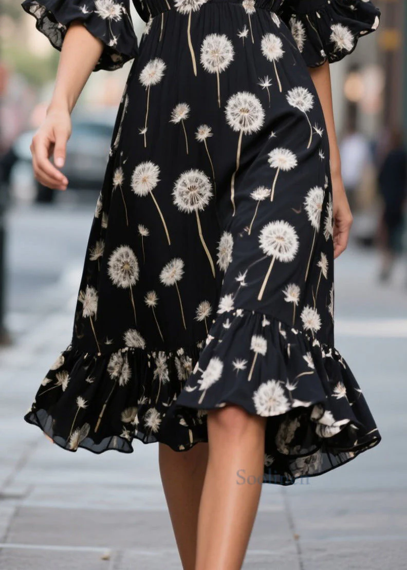 Classy Black V Neck Print Chiffon Day Dress Summer - Image 4
