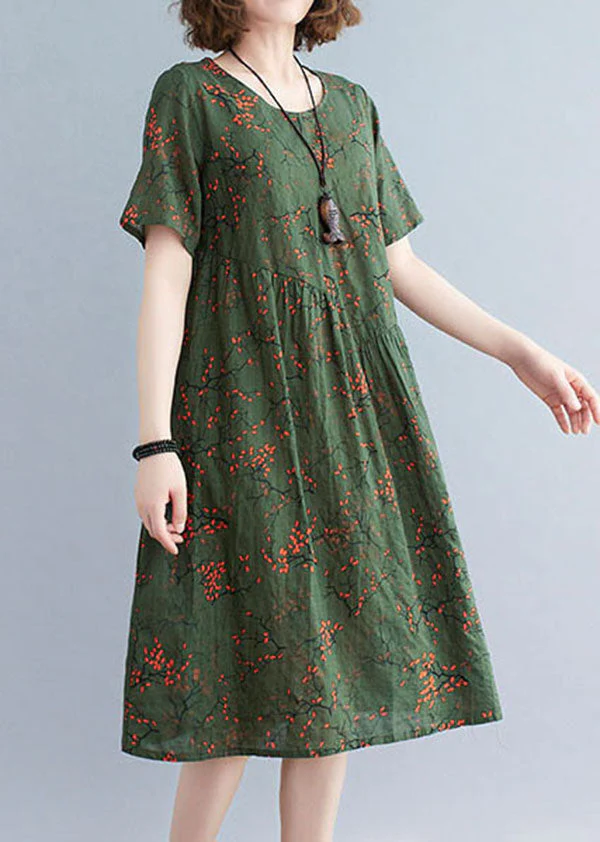 Classy Blackish Green O-Neck Wrinkled Print Cotton Maxi Dresses Short Sleeve - Image 2