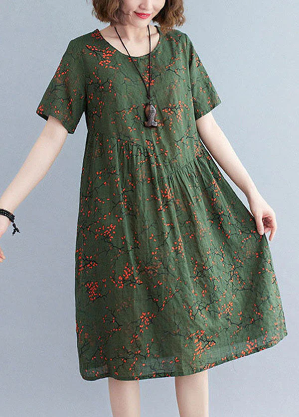 Classy Blackish Green O-Neck Wrinkled Print Cotton Maxi Dresses Short Sleeve - Image 3