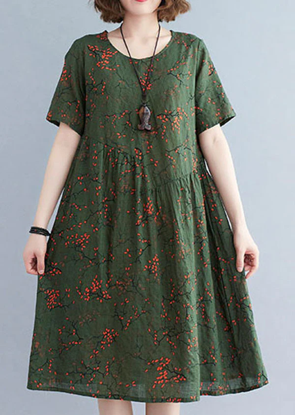 Classy Blackish Green O-Neck Wrinkled Print Cotton Maxi Dresses Short Sleeve - Image 4