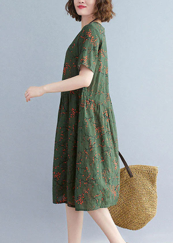 Classy Blackish Green O-Neck Wrinkled Print Cotton Maxi Dresses Short Sleeve - Image 5
