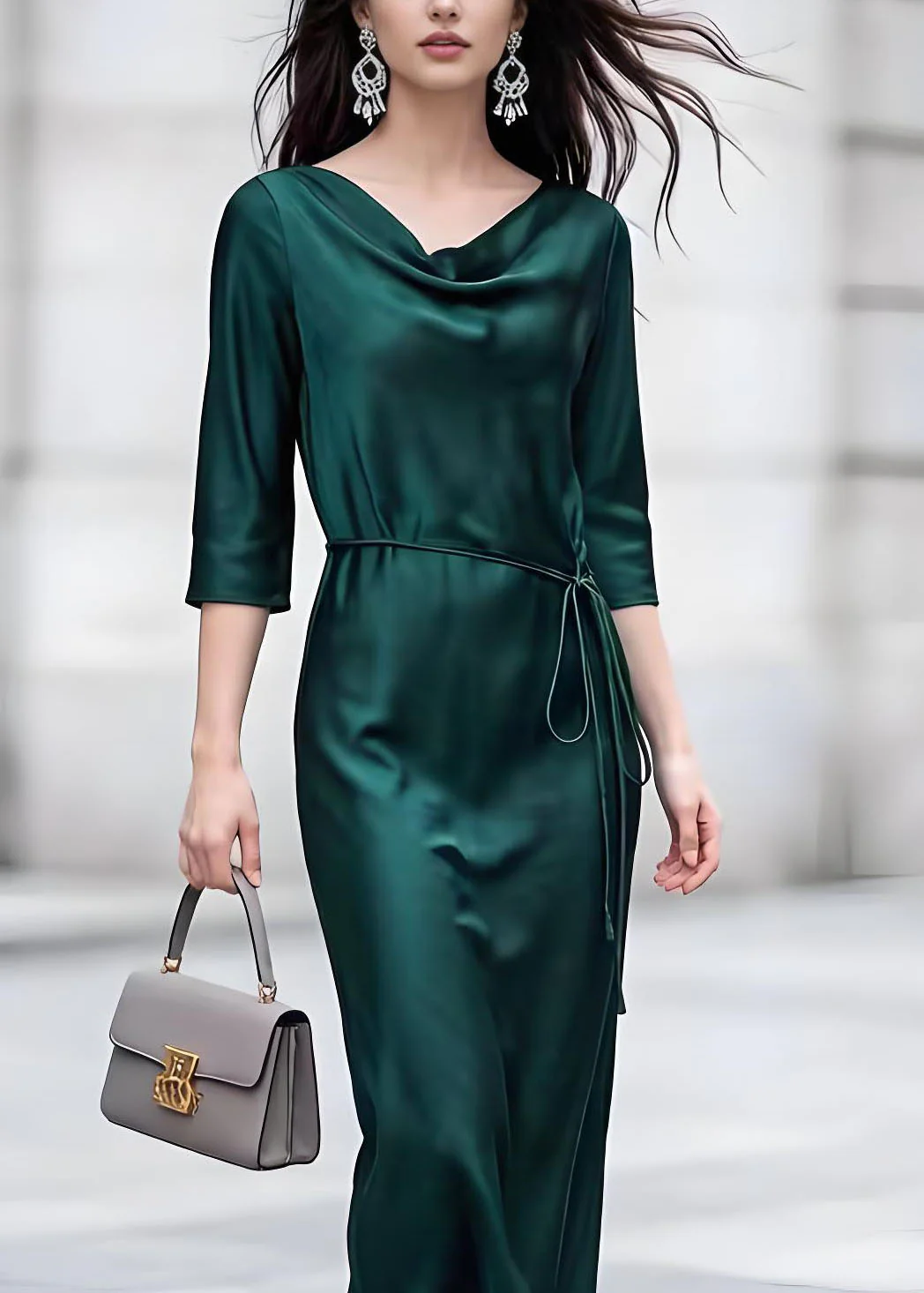 Classy Blackish Green Turtle Neck Lace Up Silk Dress Bracelet Sleeve - Image 2