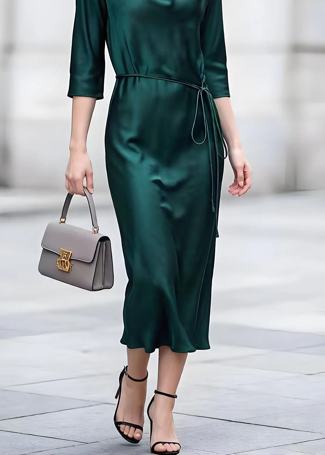 Classy Blackish Green Turtle Neck Lace Up Silk Dress Bracelet Sleeve - Image 4