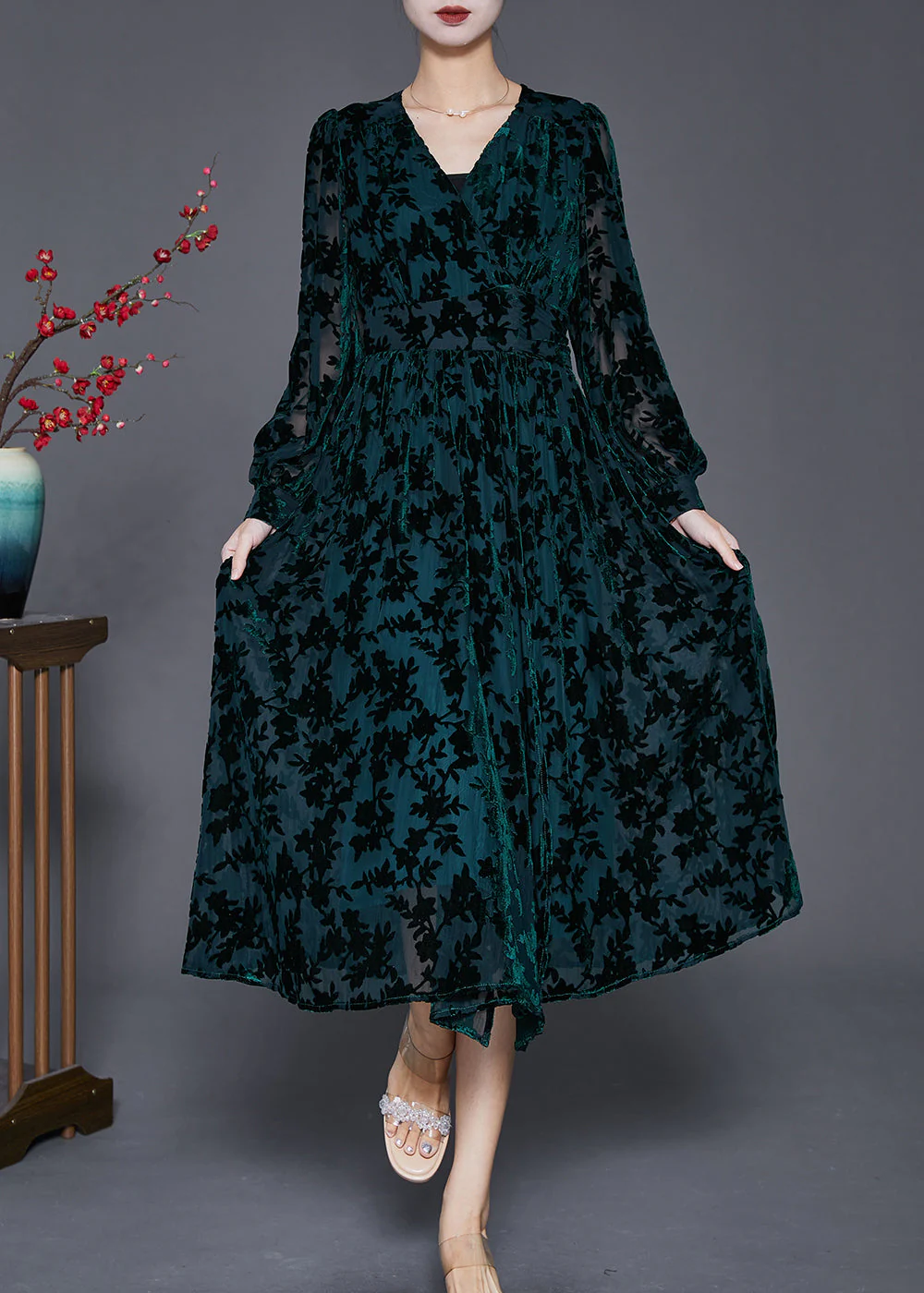Classy Blackish Green V Neck Jacquard Silk Velour Vacation Dresses Fall - Image 2