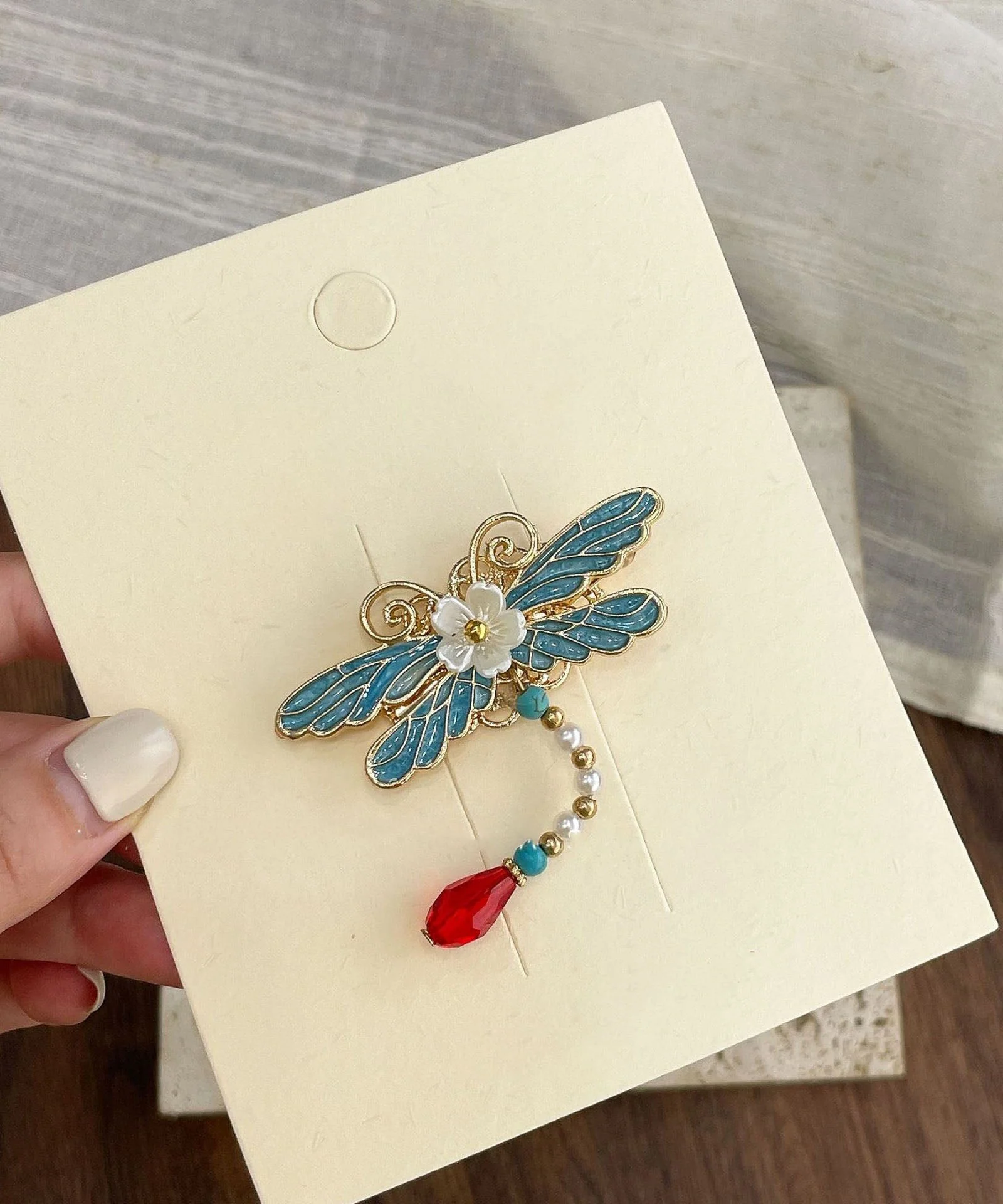 Classy Blue Butterfly Sterling Silver Overgild Enamel Pearl Tassel Hairpin - Image 2