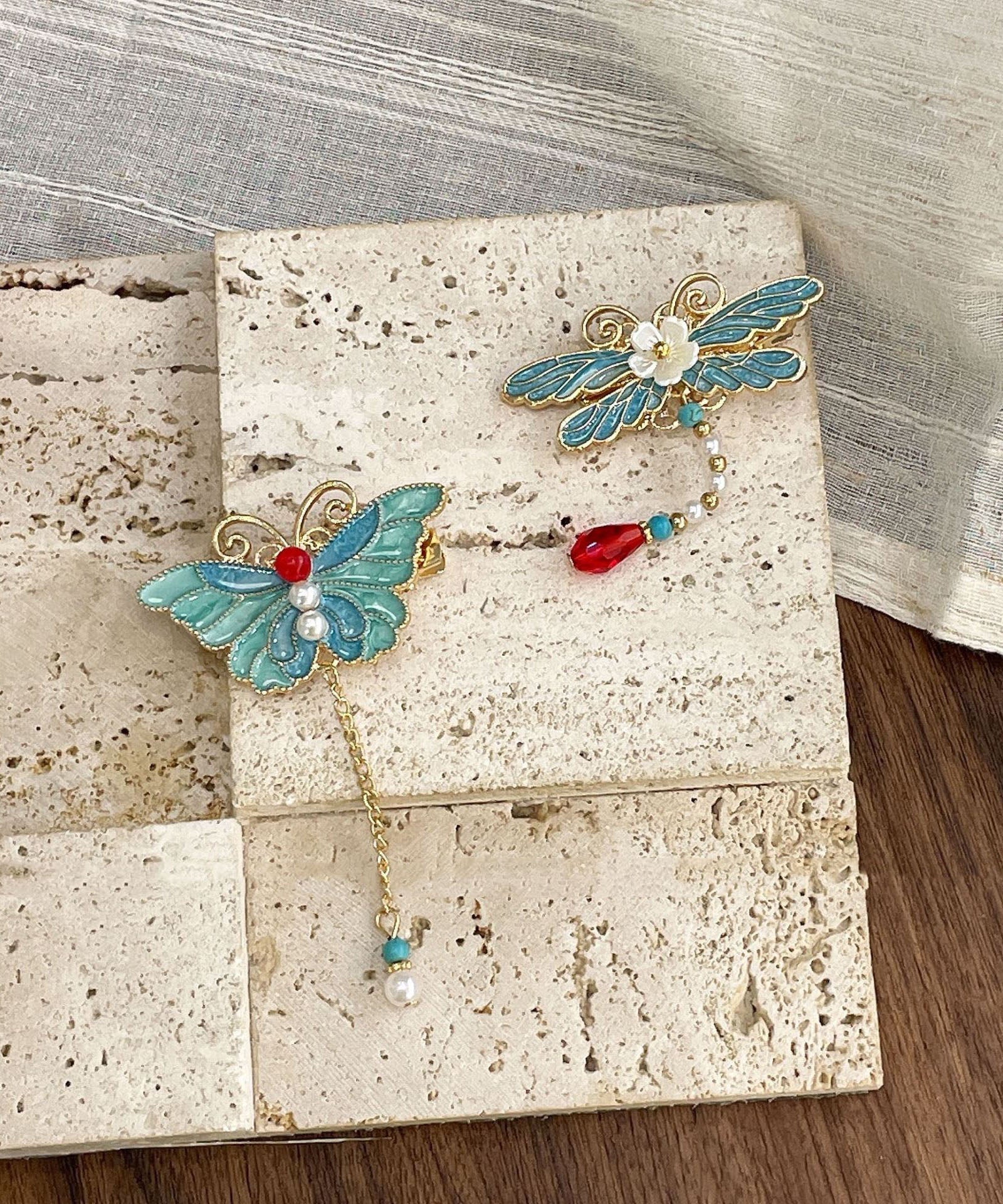 Classy Blue Butterfly Sterling Silver Overgild Enamel Pearl Tassel Hairpin - Image 5