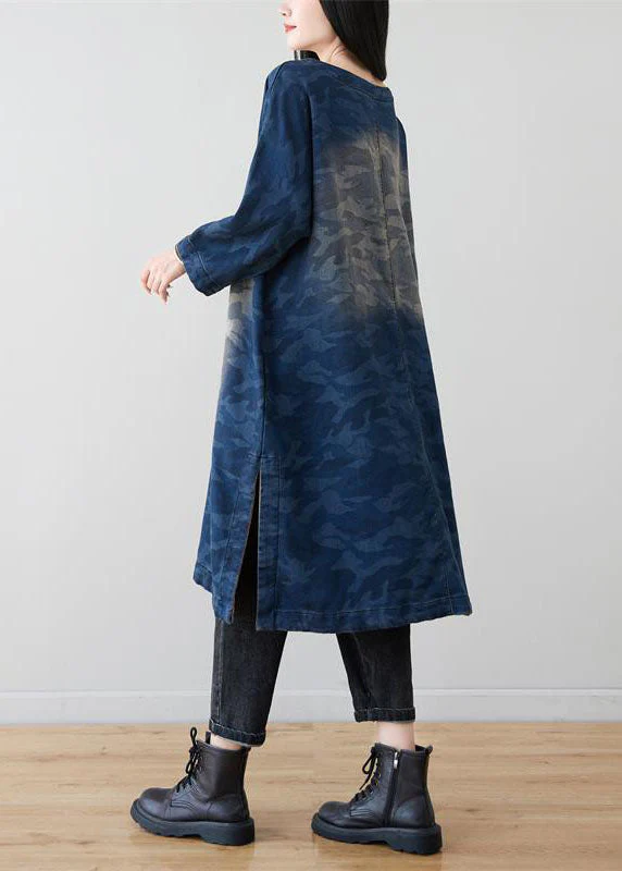 Classy Blue Camouflage Patchwork Chinese Button Denim Dresses Spring - Image 5