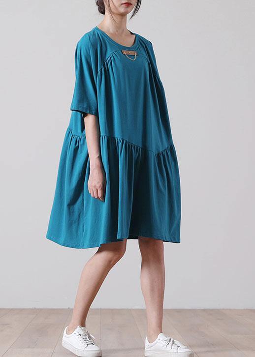 Classy Blue Cinched  Long Summer Cotton Dress - Image 4