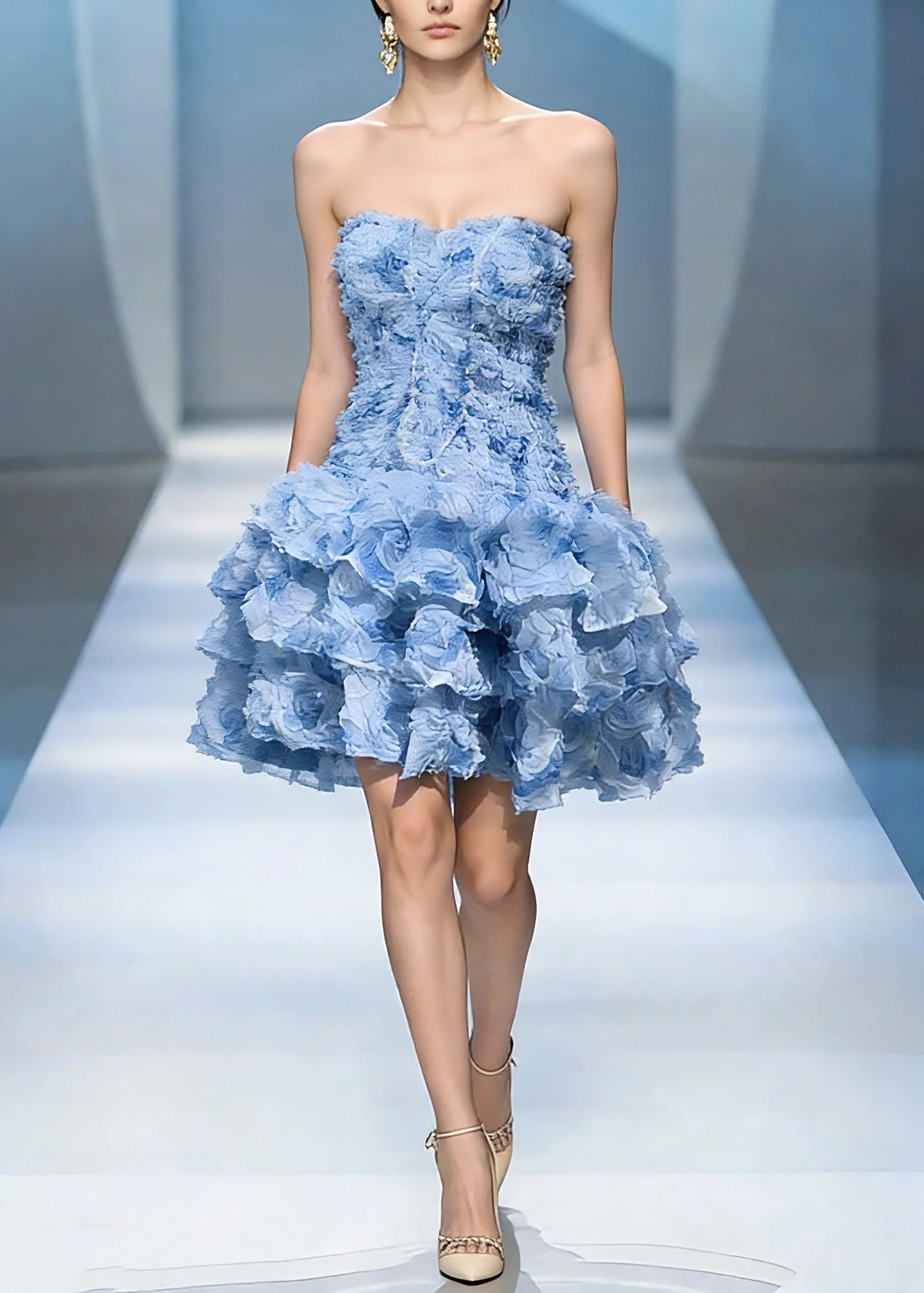 Classy Blue Cold Shoulder Floral Tulle Mid Dress Summer - Image 3