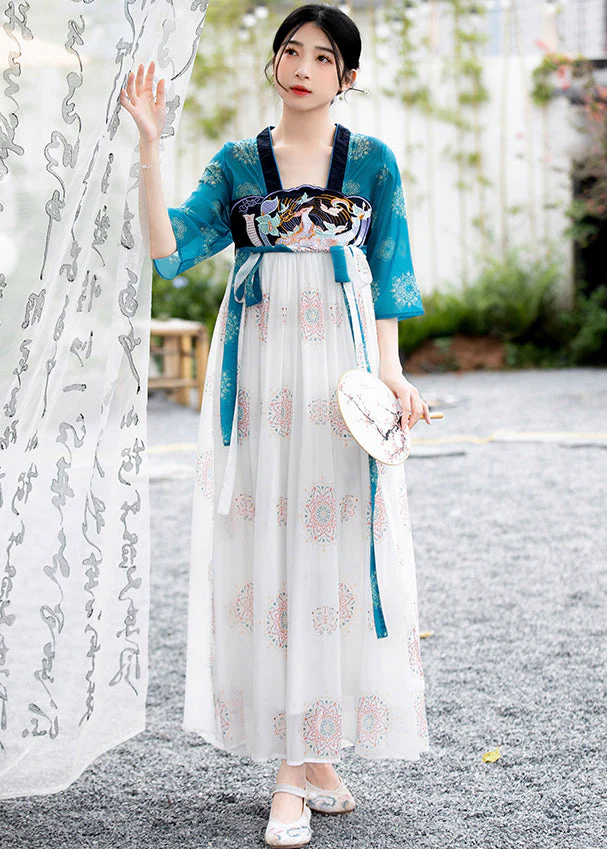 Classy Blue Embroideried Lace Up Patchwork Chiffon Dress Summer - Image 2