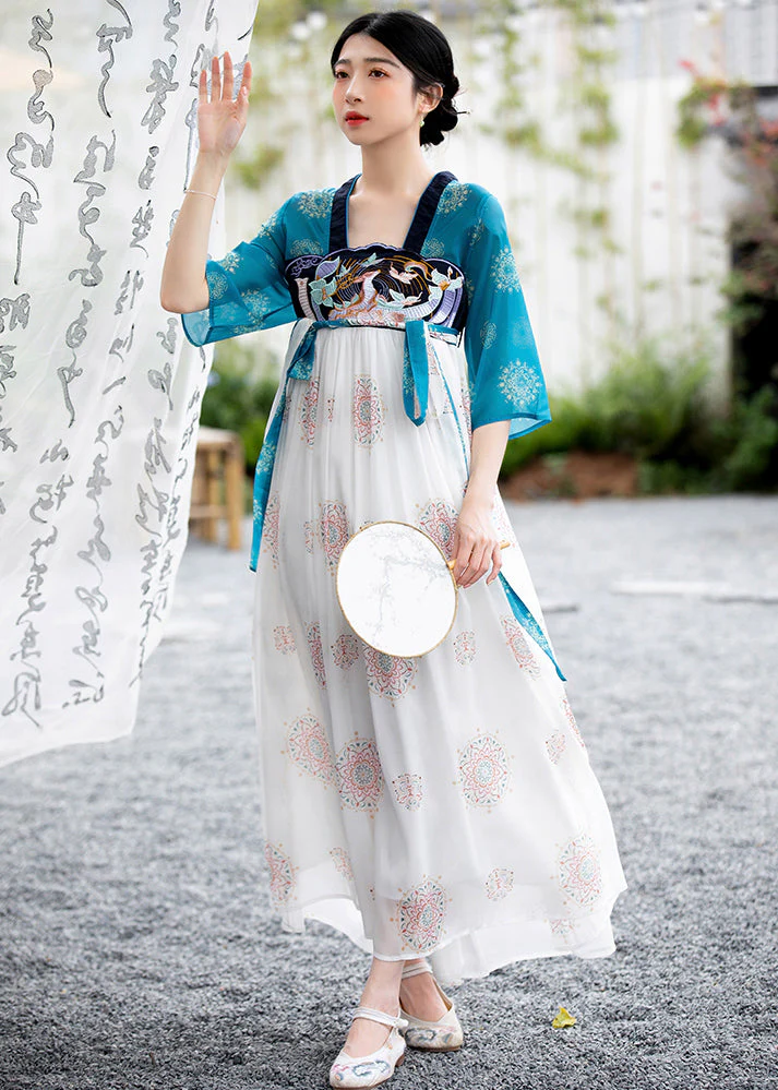 Classy Blue Embroideried Lace Up Patchwork Chiffon Dress Summer - Image 4