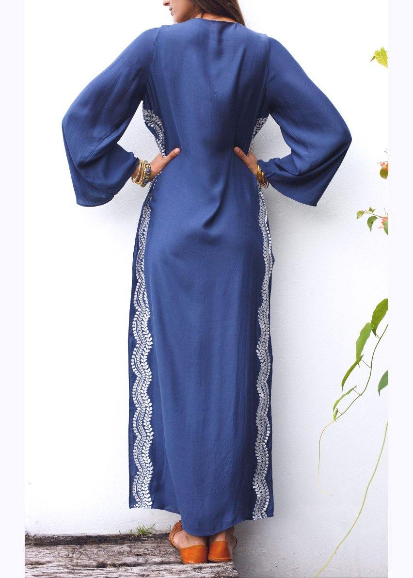 Classy Blue Embroideried Oriental Beach Gown Mid Summer Cotton Dress - Image 4