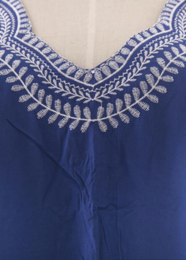 Classy Blue Embroideried Oriental Beach Gown Mid Summer Cotton Dress - Image 5