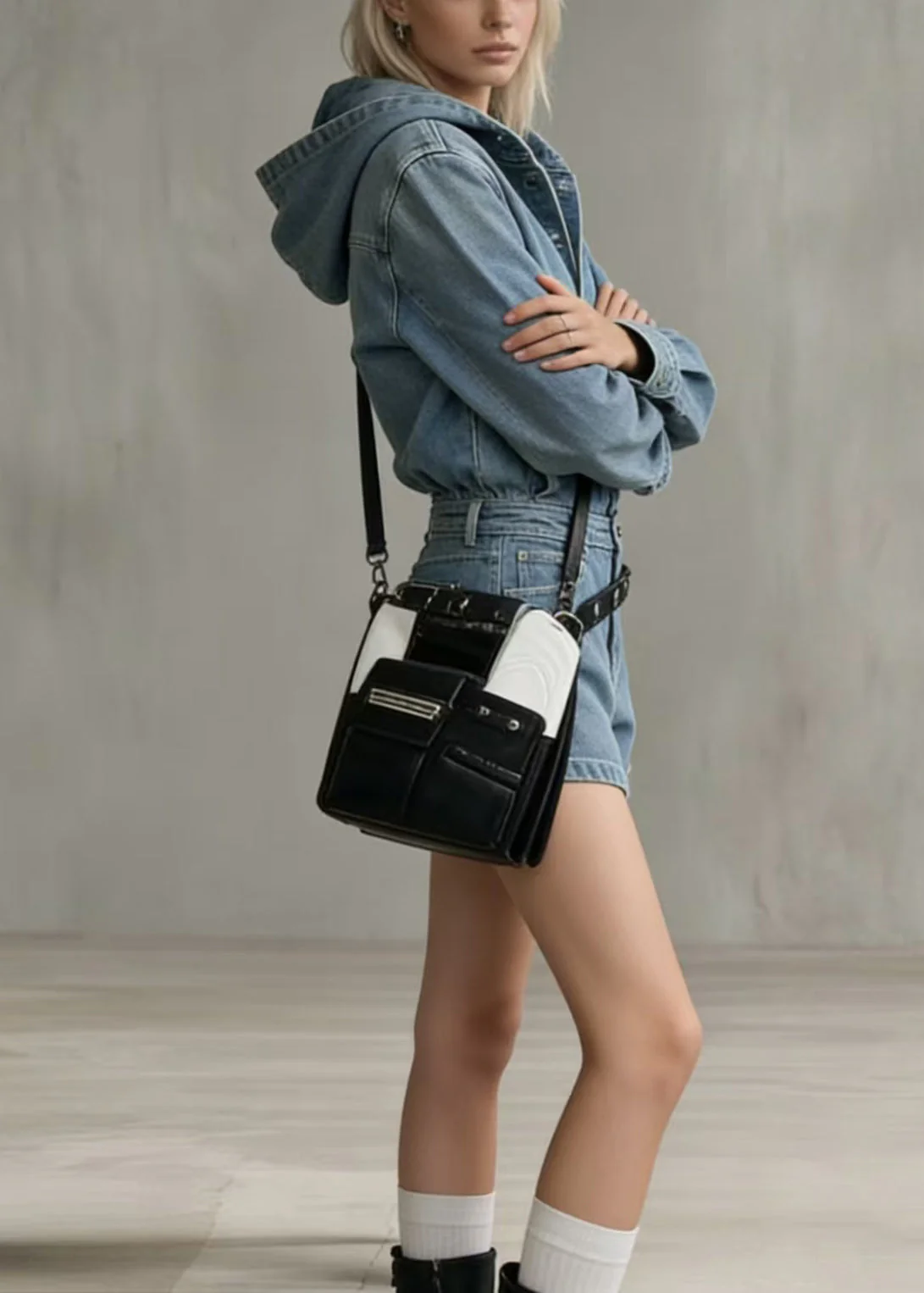 Classy Blue Hooded Denim Shorts Jumpsuit Spring - Image 3