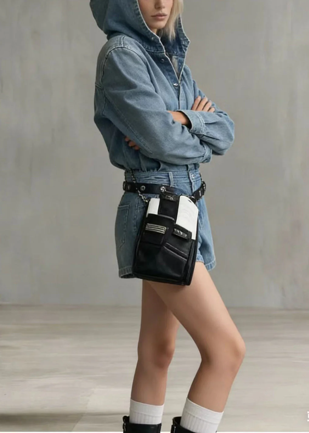 Classy Blue Hooded Denim Shorts Jumpsuit Spring - Image 4