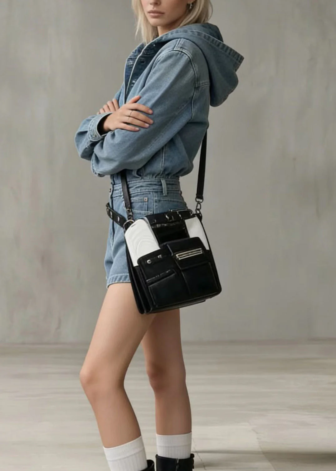Classy Blue Hooded Denim Shorts Jumpsuit Spring - Image 5
