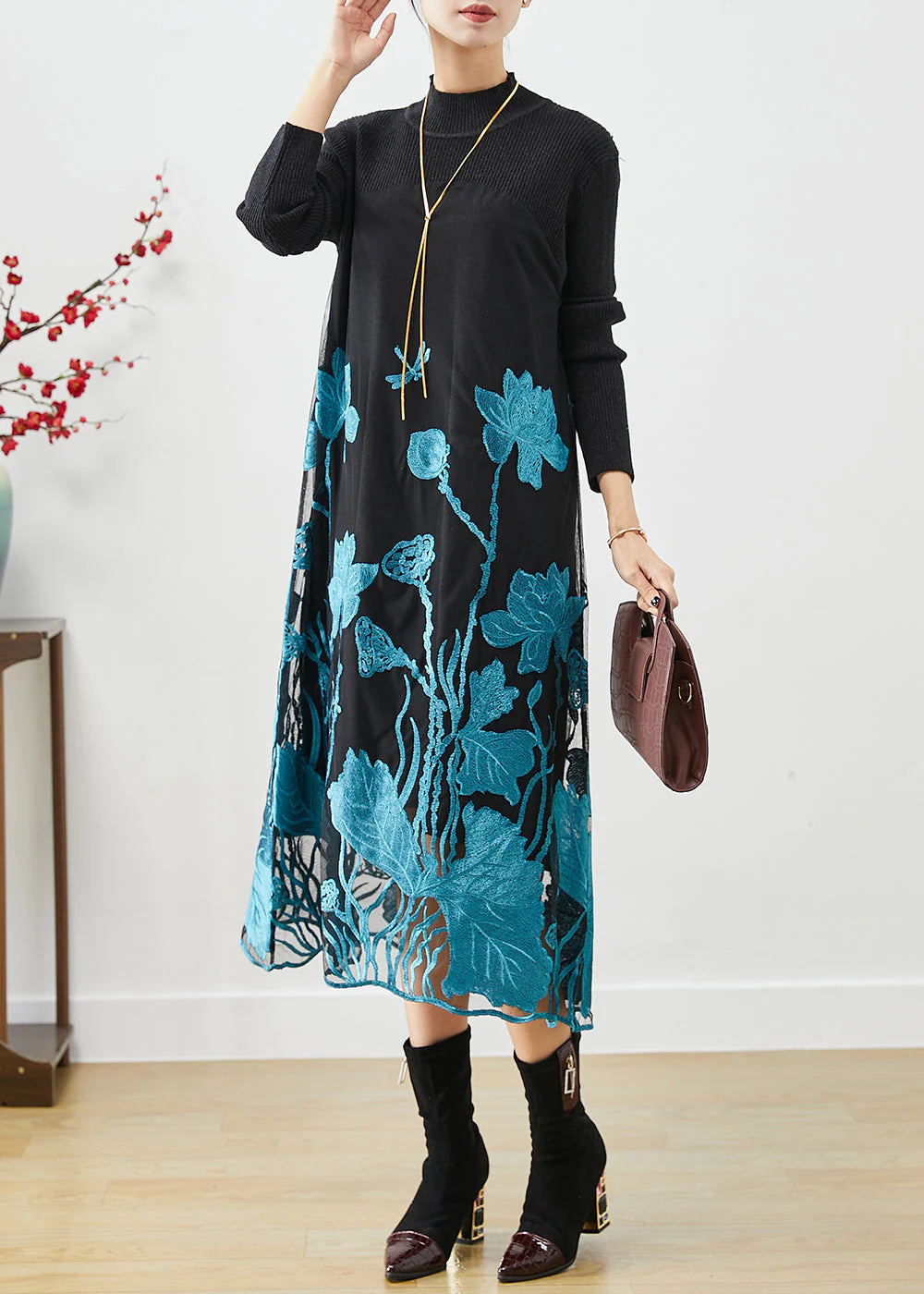 Classy Blue Lotus Embroideried Patchwork Knit Holiday Dress Fall - Image 2