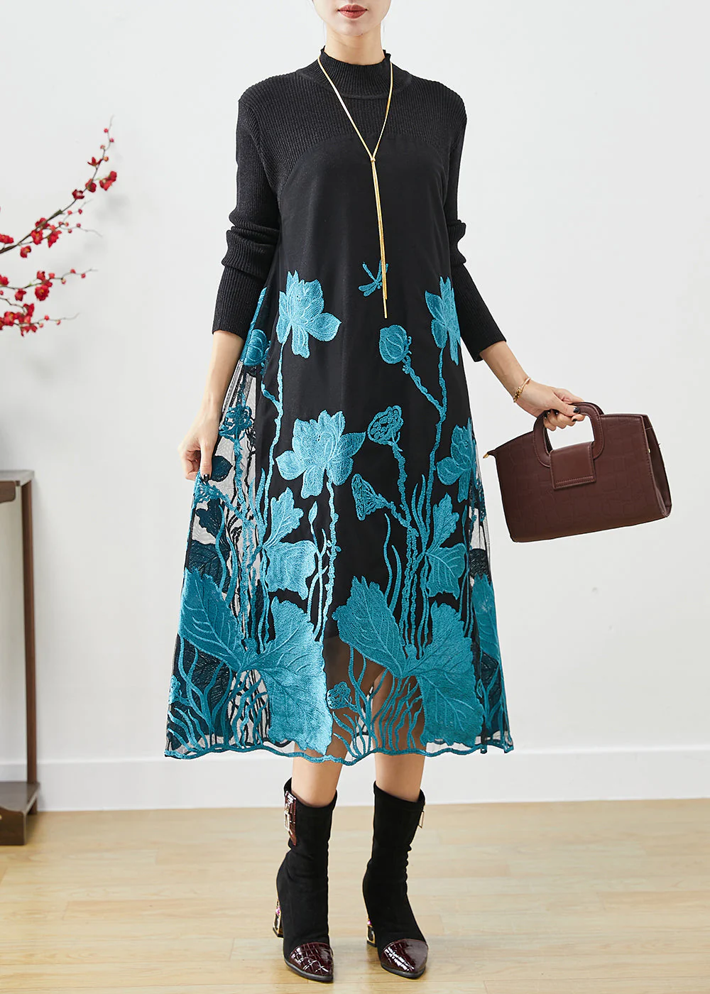 Classy Blue Lotus Embroideried Patchwork Knit Holiday Dress Fall - Image 3