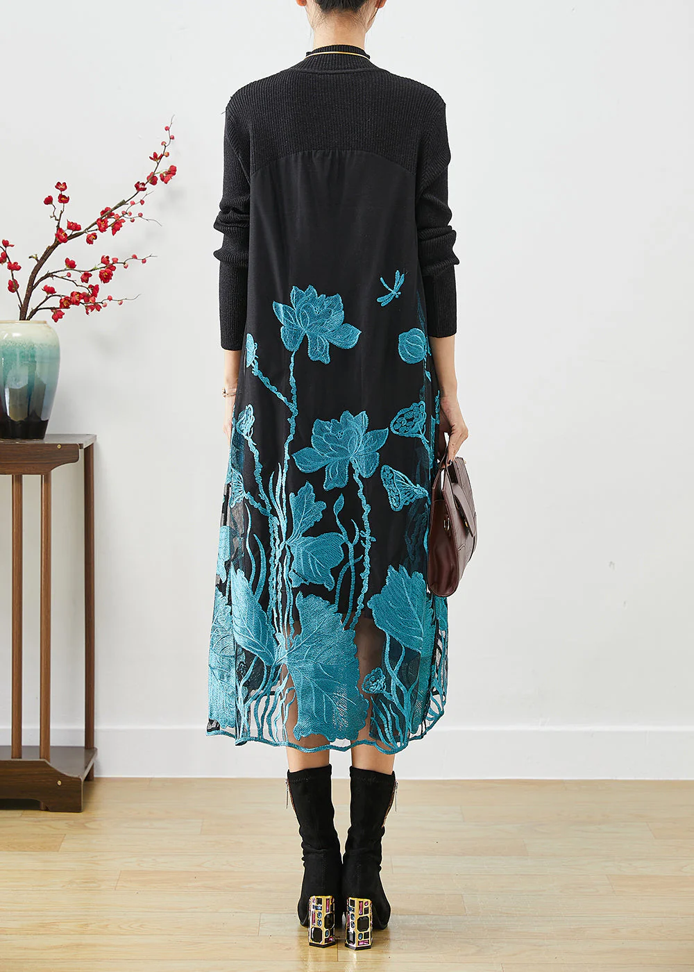 Classy Blue Lotus Embroideried Patchwork Knit Holiday Dress Fall - Image 4