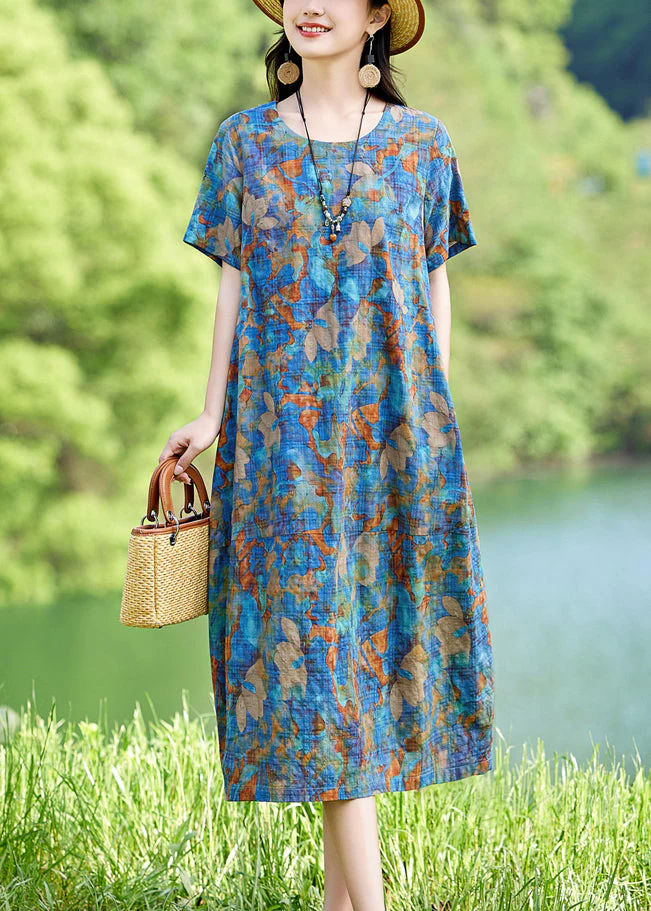 Classy Blue O-Neck Print Cotton Long Dress Summer - Image 2