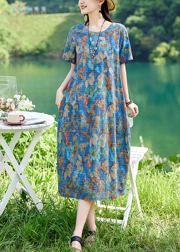 Classy Blue O-Neck Print Cotton Long Dress Summer - Image 3