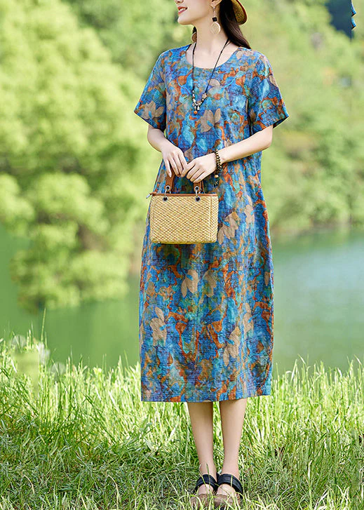Classy Blue O-Neck Print Cotton Long Dress Summer - Image 4