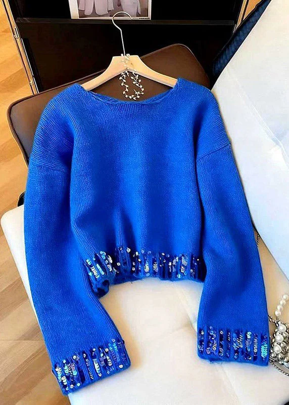 Classy Blue O Neck Sequins Patchwork Knit Sweaters Spring - Image 4