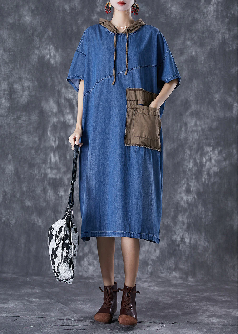 Classy Blue Oversized Patchwork Applique Denim Dress Summer - Image 2