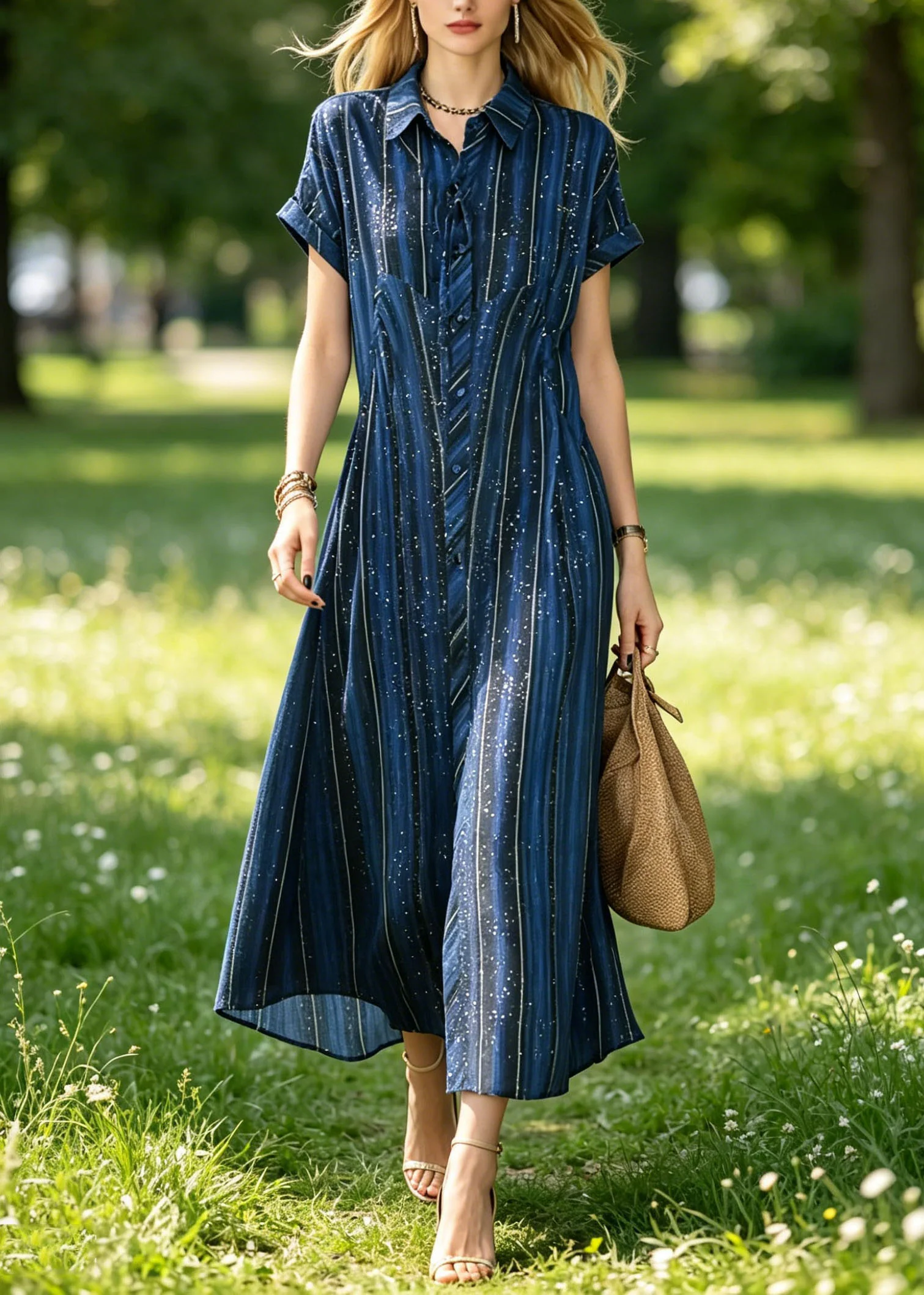 Classy Blue Peter Pan Collar Striped Silk Maxi Dresses Summer - Image 3