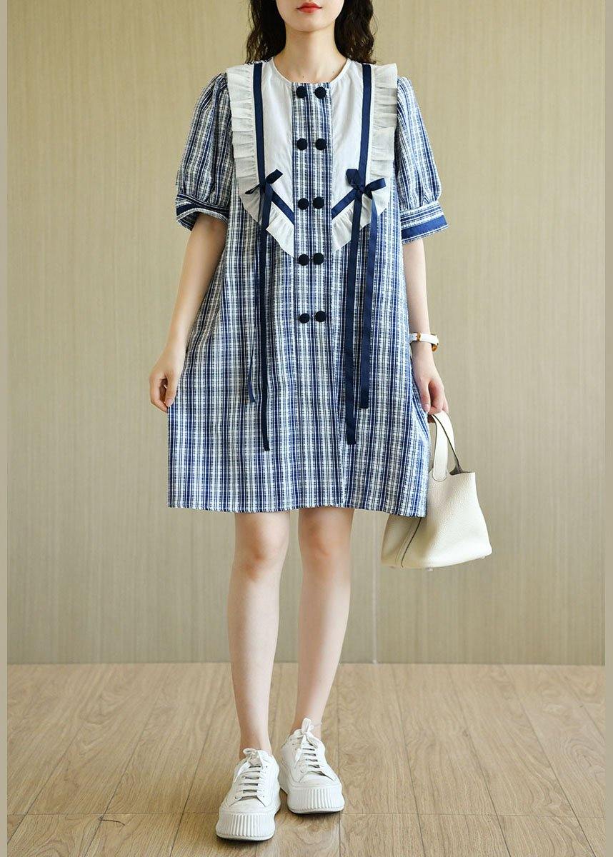 Classy Blue Plaid Ruffled O-Neck Button Summer Dresses Half Sleeve - Image 2
