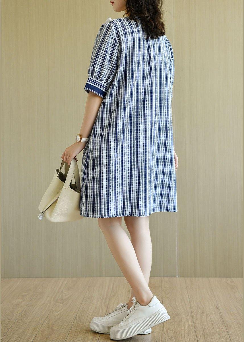 Classy Blue Plaid Ruffled O-Neck Button Summer Dresses Half Sleeve - Image 3