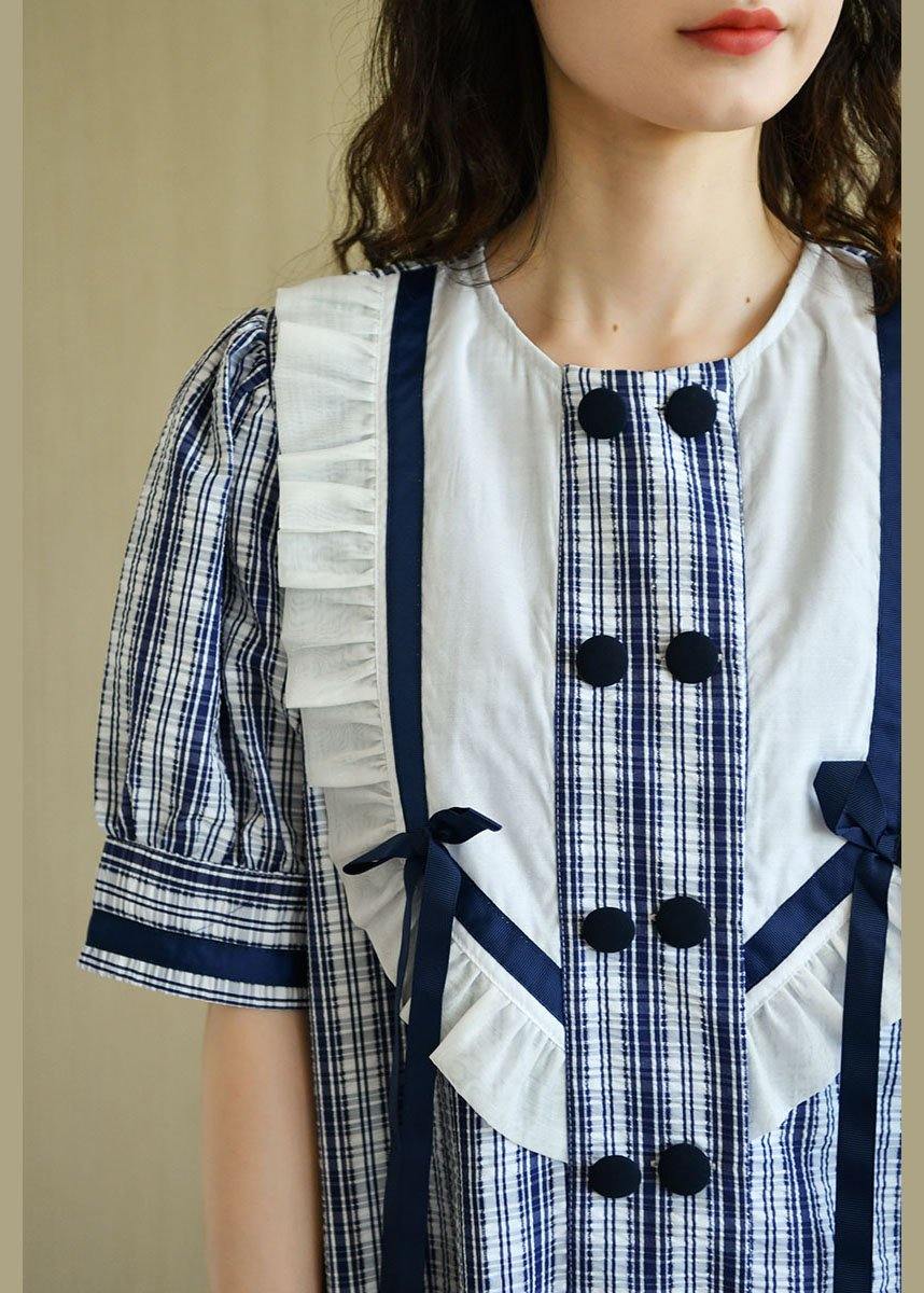 Classy Blue Plaid Ruffled O-Neck Button Summer Dresses Half Sleeve - Image 4