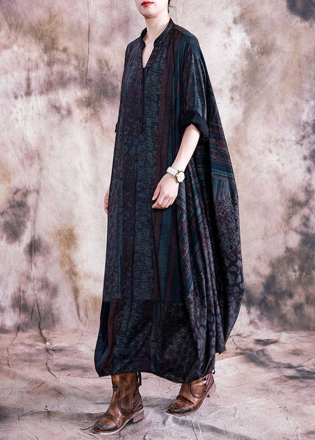 Classy blue print clothes v neck Batwing Sleeve Maxi fall Dresses - Image 3