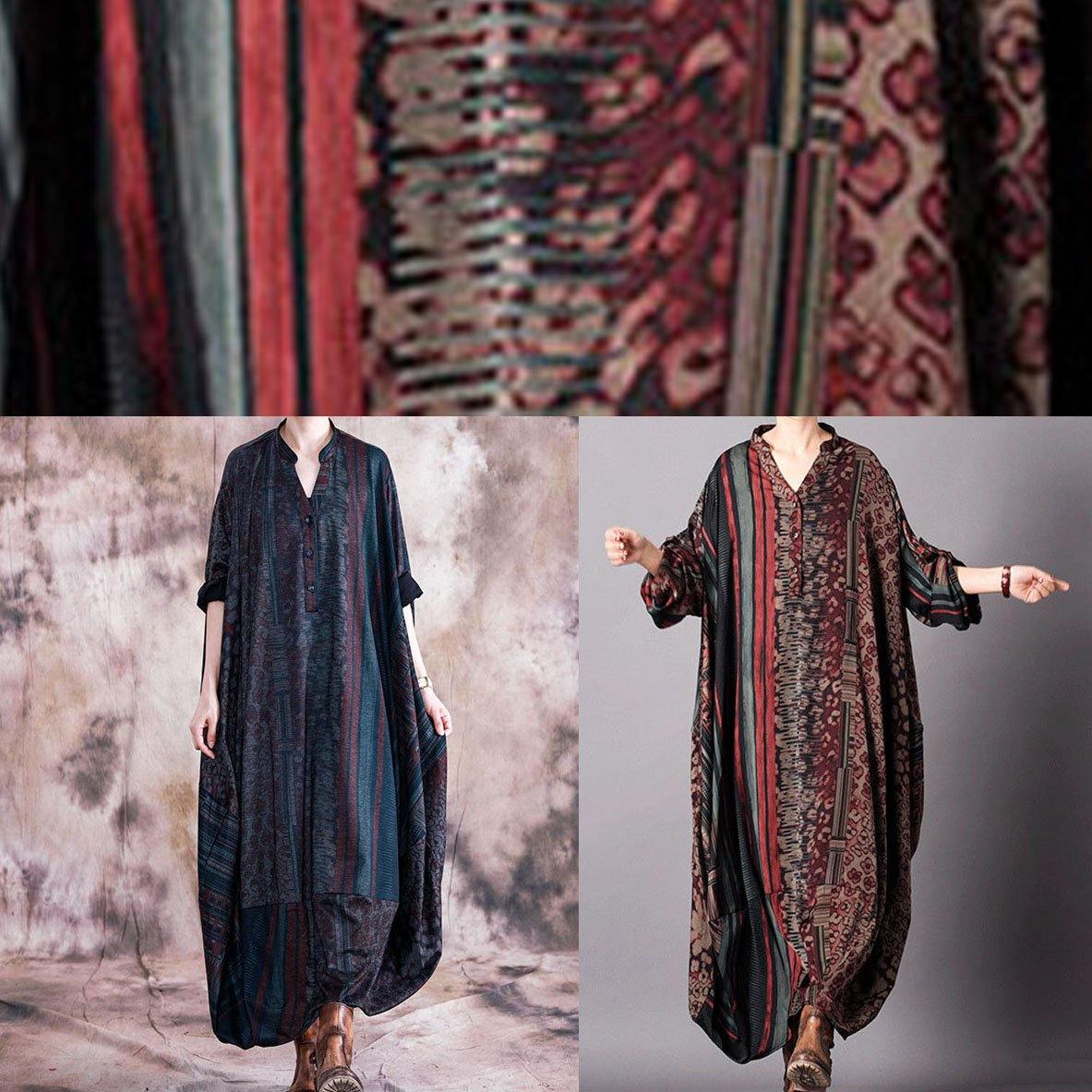 Classy blue print clothes v neck Batwing Sleeve Maxi fall Dresses - Image 5
