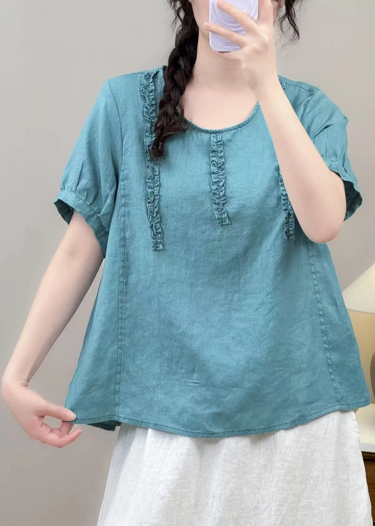 Classy Blue Ruffled Cotton Loose Tops Summer - Image 2