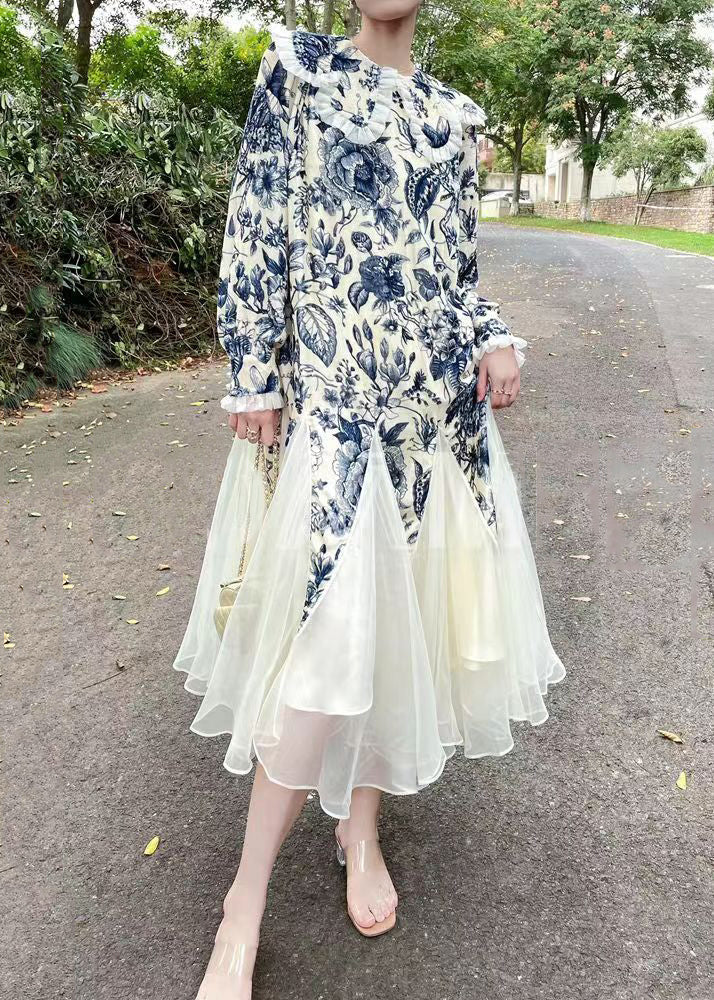 Classy Blue Ruffled Print Tulle Patchwork Silk Velour Long Dresses Spring - Image 2