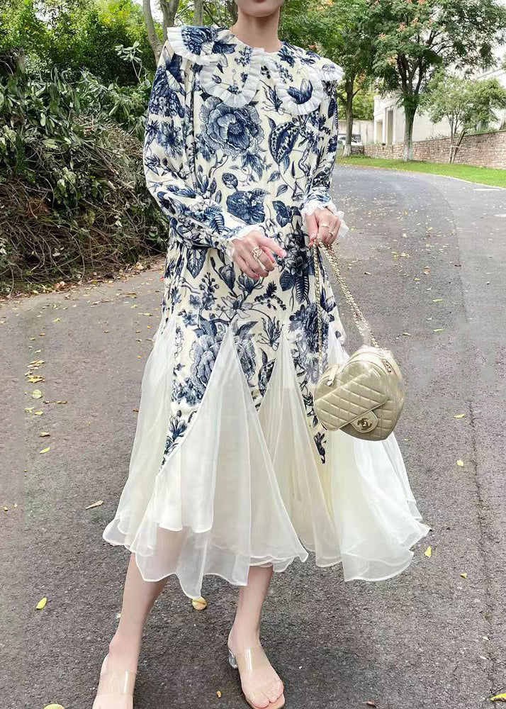 Classy Blue Ruffled Print Tulle Patchwork Silk Velour Long Dresses Spring - Image 3