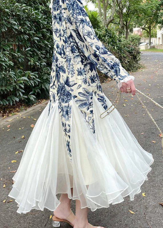 Classy Blue Ruffled Print Tulle Patchwork Silk Velour Long Dresses Spring - Image 4