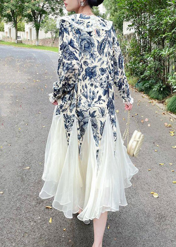 Classy Blue Ruffled Print Tulle Patchwork Silk Velour Long Dresses Spring - Image 5
