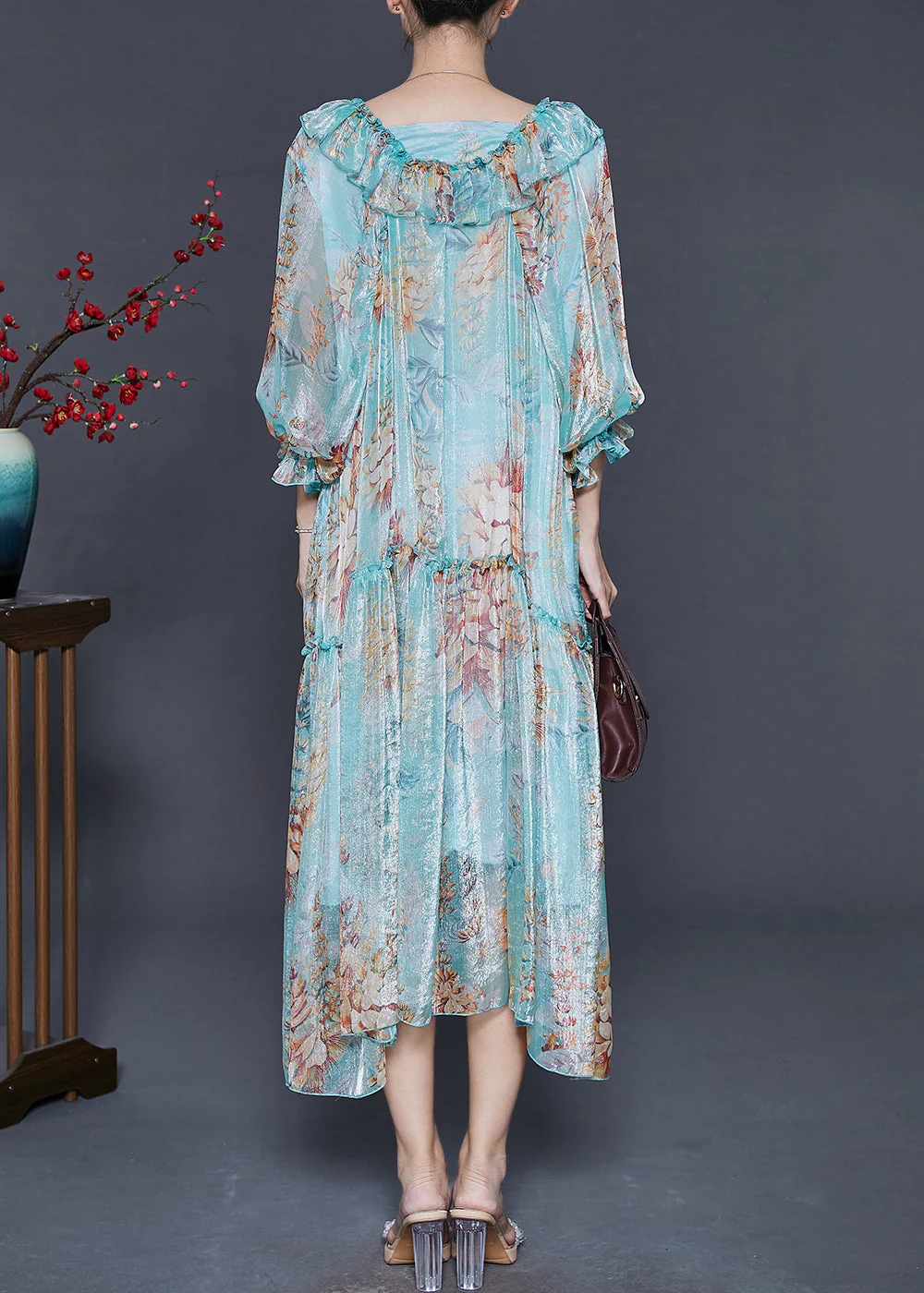 Classy Blue Ruffles Print Silk Vacation Dresses Spring - Image 4