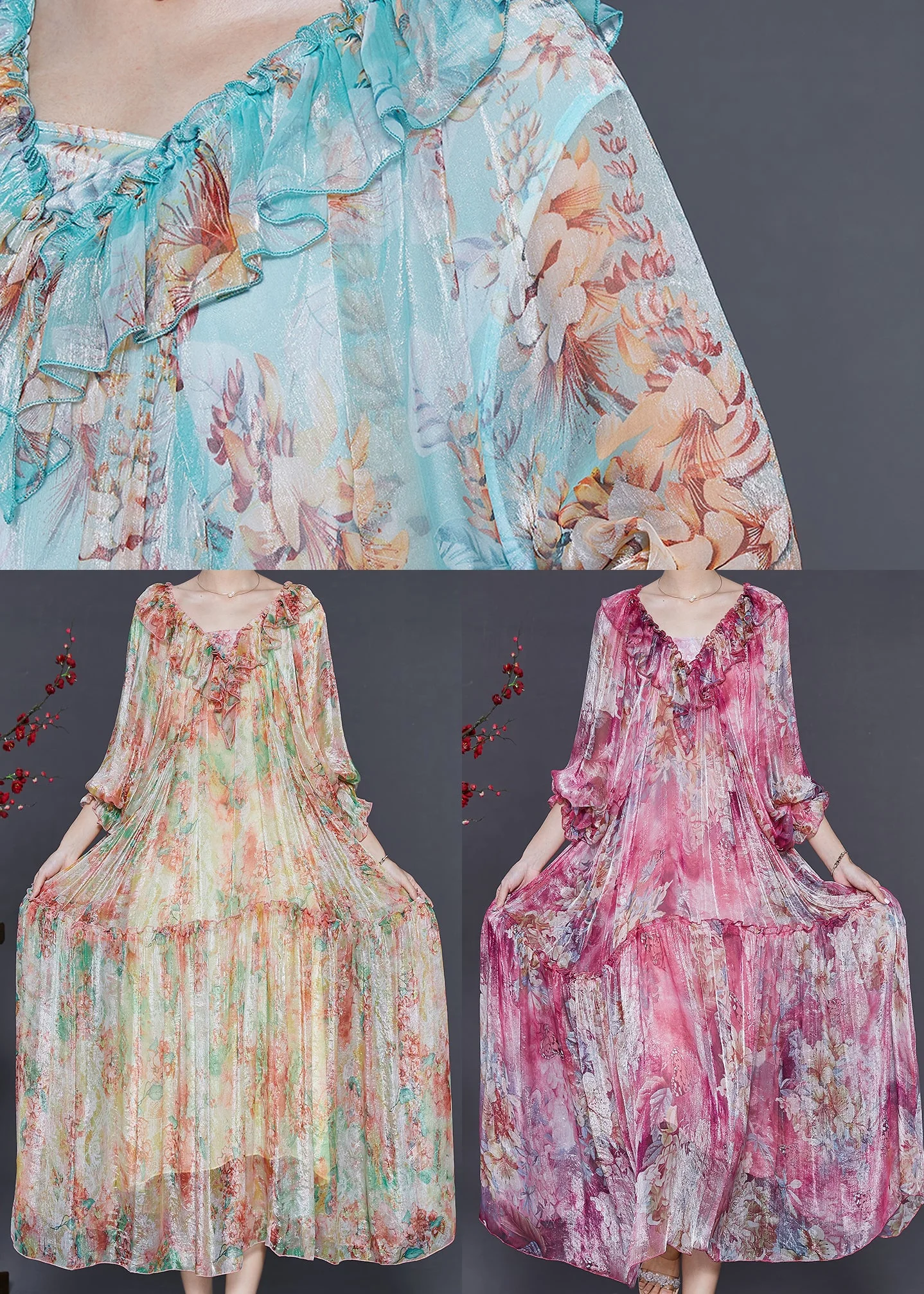 Classy Blue Ruffles Print Silk Vacation Dresses Spring - Image 5