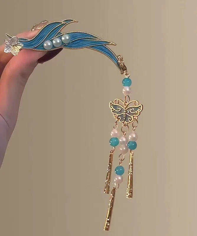 Classy Blue Sterling Silver Overgild Cloisonne Butterfly Tassel A Pair Hairpin - Image 2