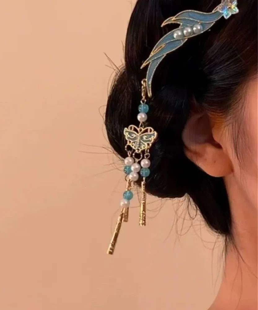 Classy Blue Sterling Silver Overgild Cloisonne Butterfly Tassel A Pair Hairpin - Image 3